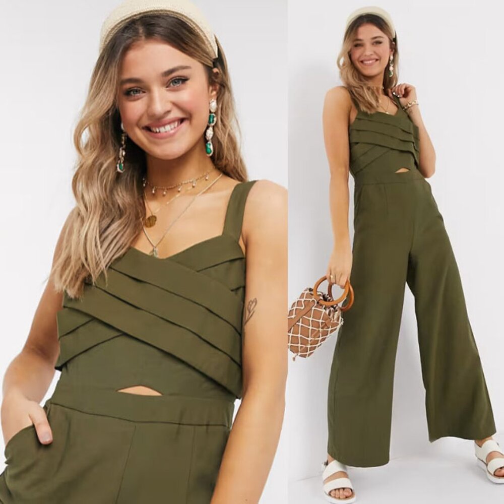 Moon River Olive Green Jumpsuit M Pleated Crisscross Cutout Wide Leg Pockets